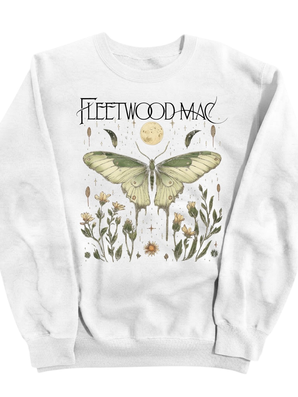 White Crewneck Sweater with Green Moth Graphic, Gift For Her, For Him